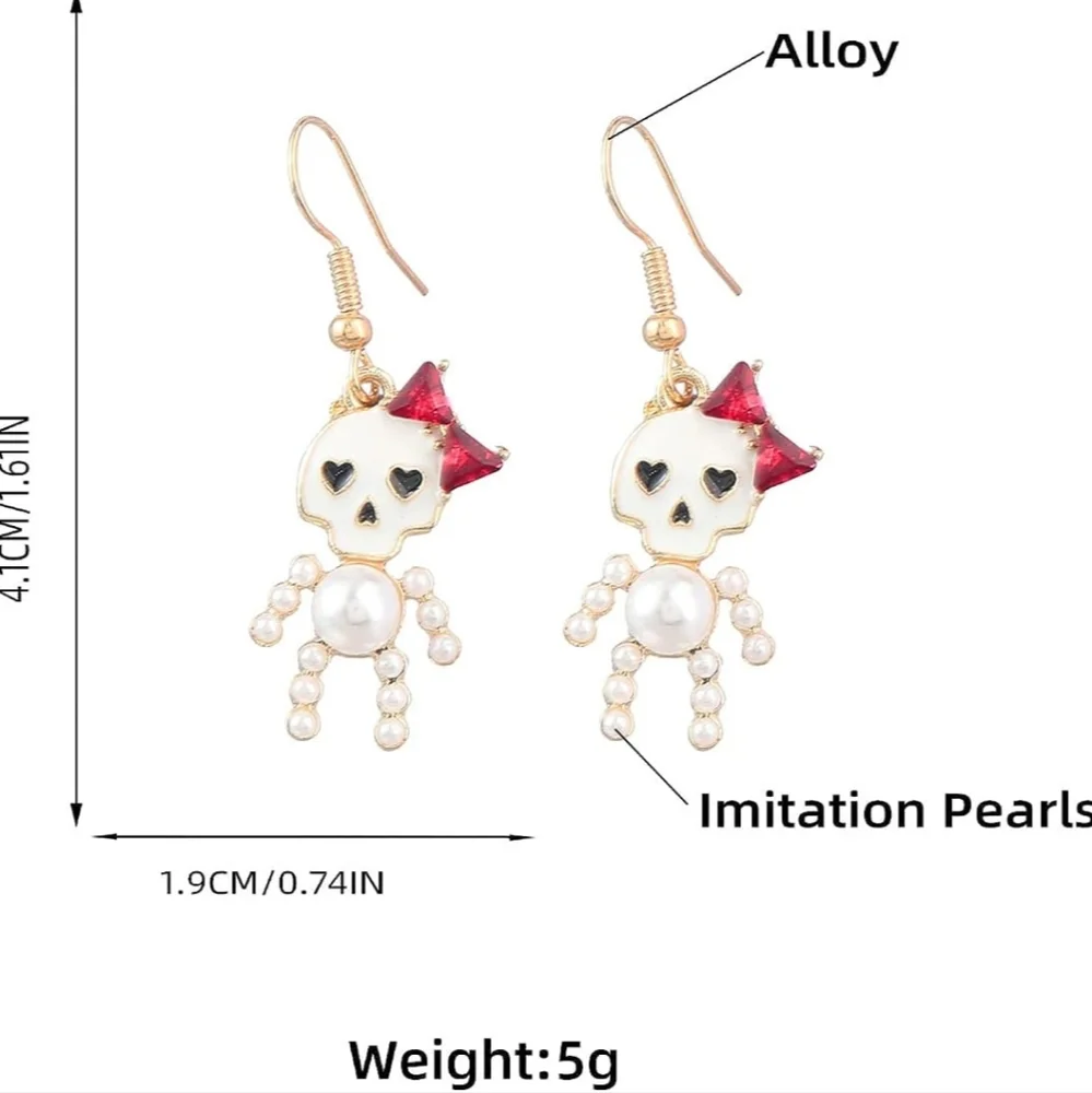 Skull Pearl Dangle Earrings - Picture 9 of 9